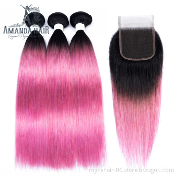 Amanda Virgin Indian Raw Temple Hair Cuticle Aligned Hair OT Color 100% Human Hair Bundles with closure 1B Pink Two Tone color